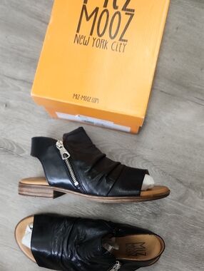 Miz Mooz Black Leather Ruched Open-Toe Slingback Sandals